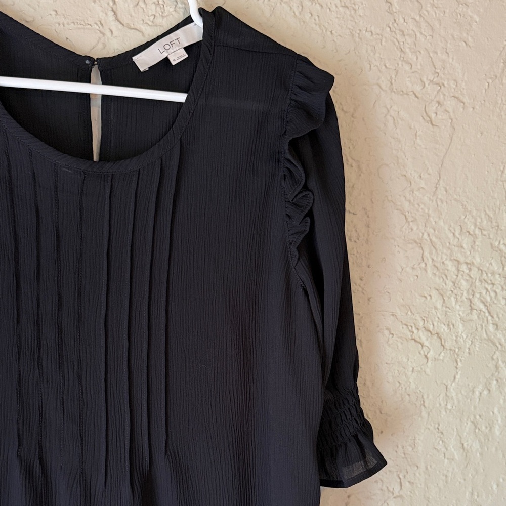 LOFT Black Women's Pintuck Ruffle Sleeve Blouse